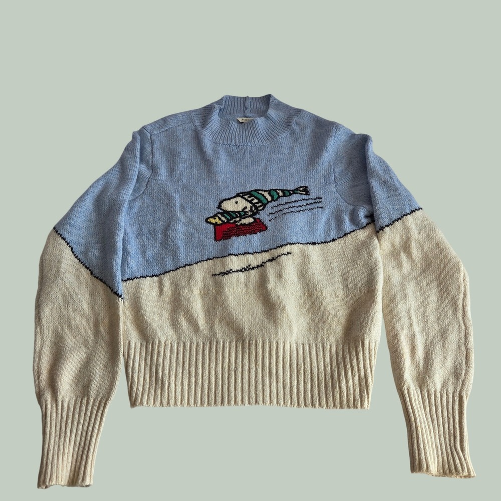 American Eagle Peanuts Snoopy Sledding Sweater Blue Cream Mock Neck Womens Med